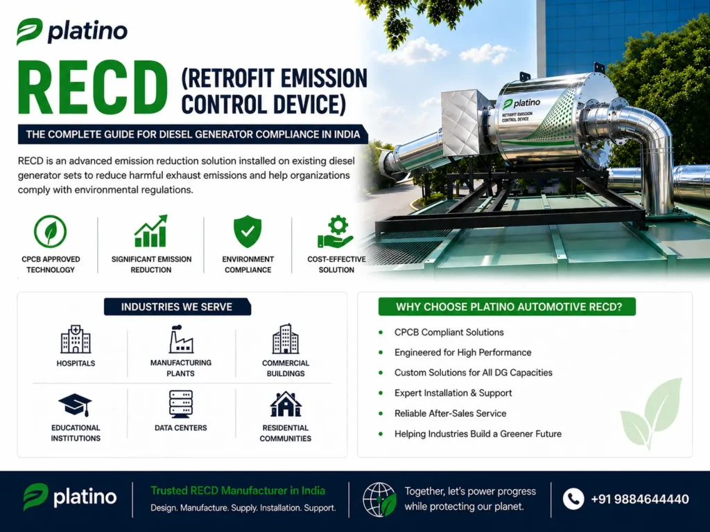 Platino Automotive RECD (Retrofit Emission Control Device) for diesel generators, showcasing emission reduction technology, environmental compliance, and industrial applications.