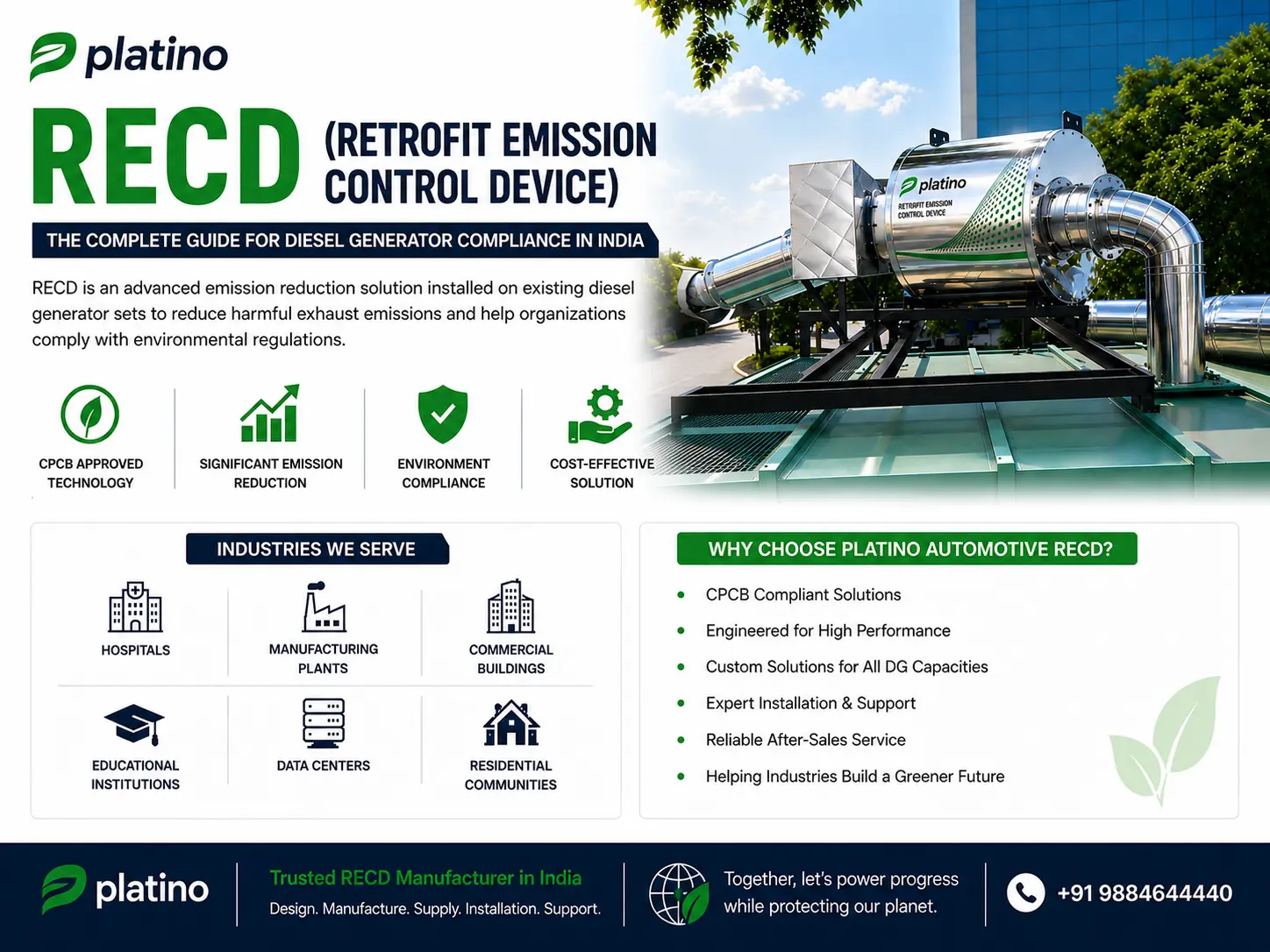 Platino Automotive RECD (Retrofit Emission Control Device) for diesel generators, showcasing emission reduction technology, environmental compliance, and industrial applications.